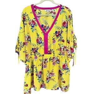 Pioneer Woman Size XXXL Pullover Blouse Yellow Pink Floral Print Dolman Sleeves